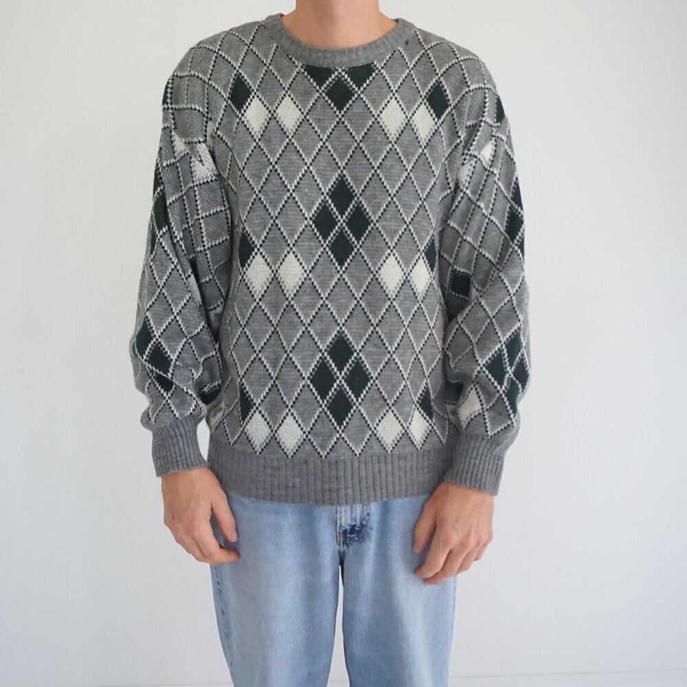 Jonathan Bryn Grey Green Argyle Sweater Retro 90s Collegiate Eclectic Grandpa L